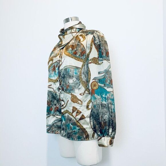 Vintage Eva Laurel Tan Satin Blouse Button Down 8 M Greek Renaissance - Picture 3 of 8